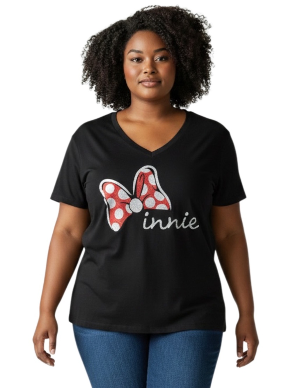 Disney Black V-Neck T-Shirt with Red Polka Dot Minnie Bow